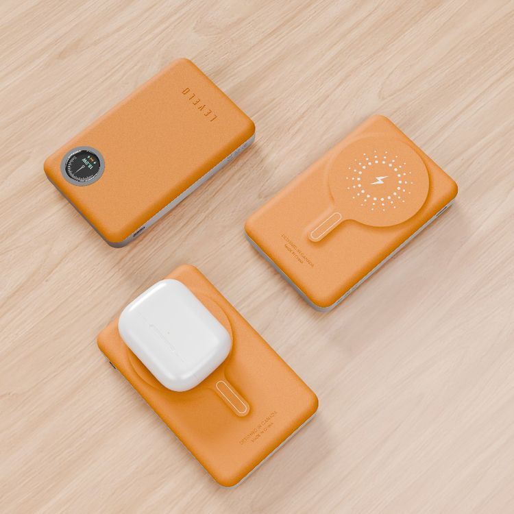 Levelo Marabella MagSafe Leather 10000mAh Power Bank with OLED Battery Status Display, N52 Magnets, 15W Wireless Charging, 20W Power Delivery, Overcurrent Protection - Orange