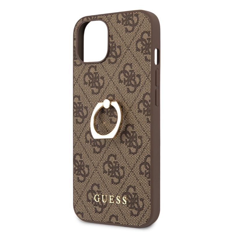 CG MOBILE Guess PU Leather 4G Case with 360° Rotating Ring Grip Holder Stand Compatible for iPhone 13 (6.1") Suitable with Wireless Charging Officially Licensed - Brown