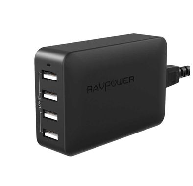 RAVPower 4-Port USB Travel Adapter 40W with Power Cord & Detachable Adapters - Portable & Sturdy Fast Charging Wall Charger with iSmart Technology & Multiple Protection - Black