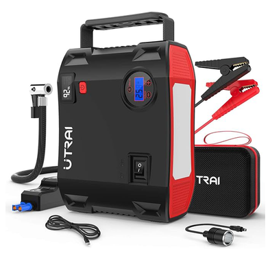 UTRAI Jstar 5 Portable Jump Starter & Air Compressor, 2000A 24000mAh, 150 PSI, 12V Battery Pack for 8L Gas & 7.5L Diesel Engines, Emergency Light, LCD Screen, USB QC3.0 - Black