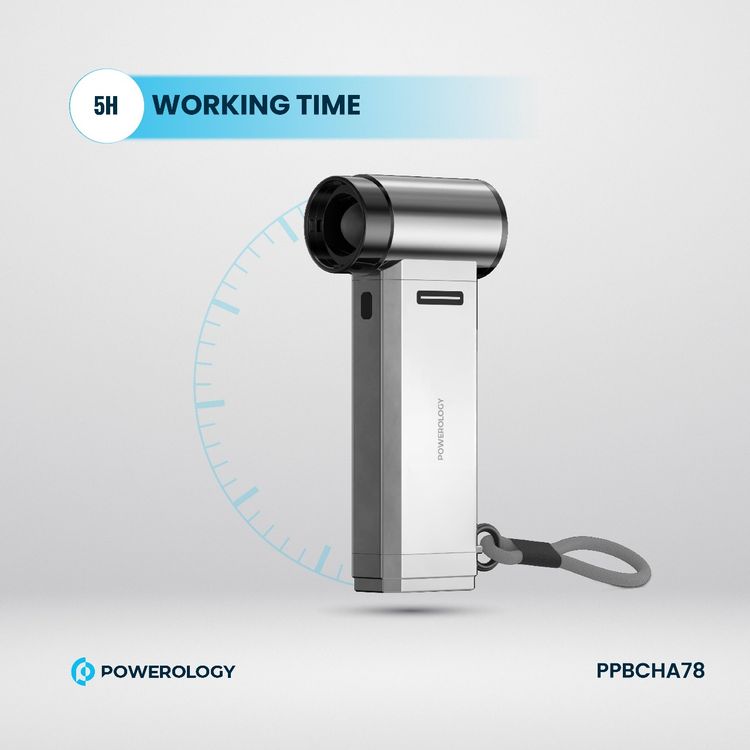 مروحة ومكنسة باورولوجي تيربو جيت مع 4 مستويات سرعة، مؤشر بطارية، تصميم محمي ببراءة اختراع، عمر بطارية ممتد، منفذ شحن Type-C - فضي