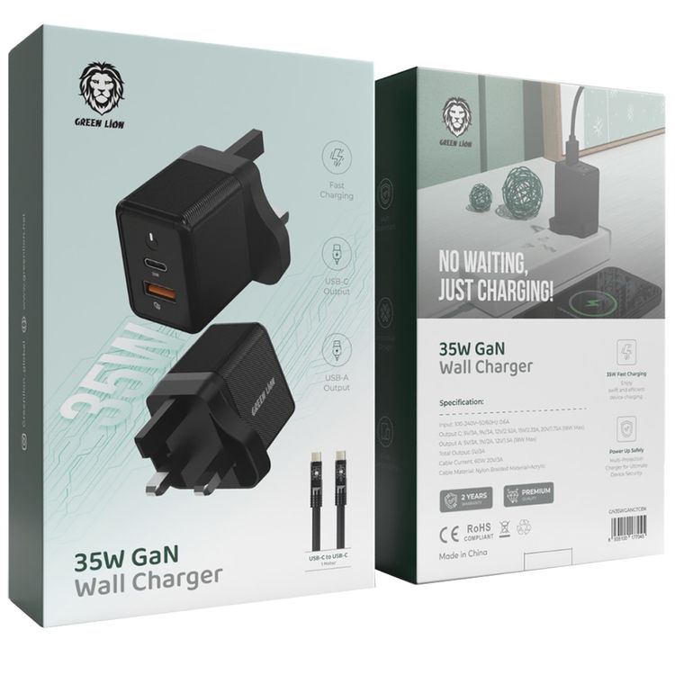 Green Lion 35W GaN Wall Charger with Type-C to Type-C Cable, 60W Cable Current, Wide Compatibility, Multi-Protection, Fast Charging, 18W USB-A Output - Black