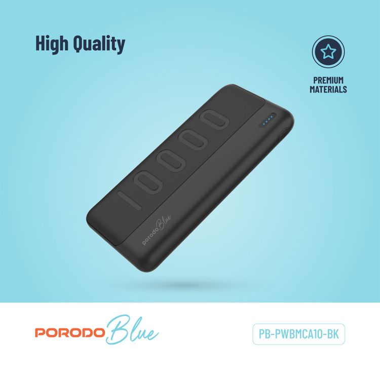 Porodo Blue 10000mAh Slim Power Bank with Dual USB-A Output, Lightweight & Compact Design, Type-C Input, LED Indicator - Black