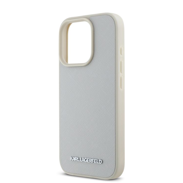 Karl Lagerfeld Saffiano Leather Hard Case with Elongated Metal Logo for iPhone 16 Pro, Drop Protection, Slim Profile - Beige 