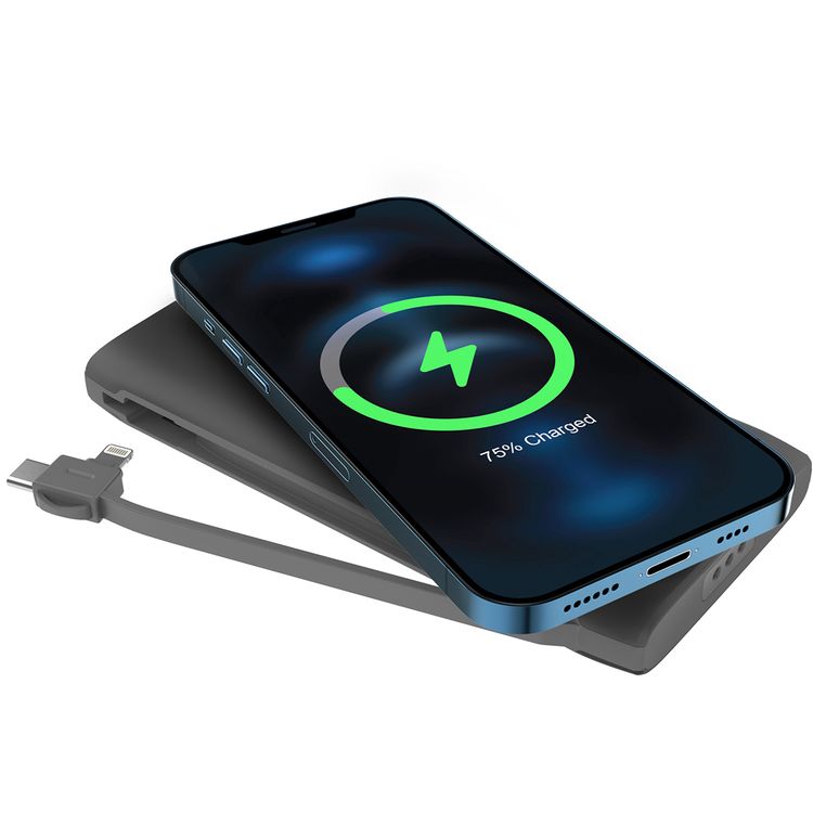 Powerology 4-in-1 10000mAh Power Bank Station with Built-in Lightning/Type-C Cable, 20W Power Delivery, 15W Maximum Wireless Output, UK 3-Pin Power Plug - Black