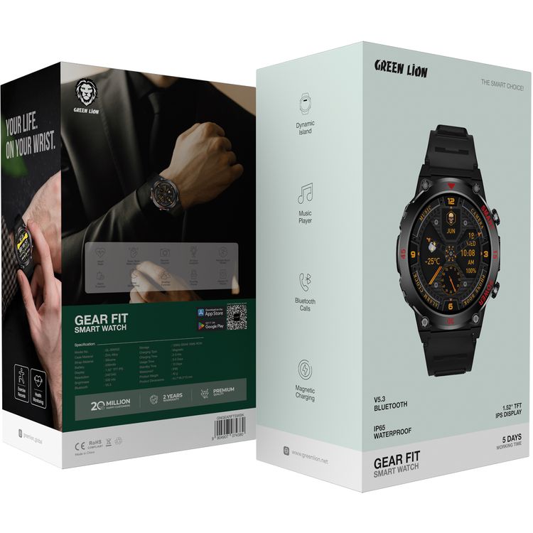 Green Lion Gear Fit Smart Watch with Dynamic Island, Health Monitoring, Bluetooth Calls, Magnetic Charging, Exercise Records, Music Player, 3-5 Days Usage Time - Black