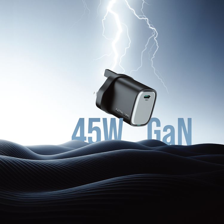 Green Lion Supra 45W GaN USB-C Wall Charger with UK 3-Pin Plug, PPS 40W, Charging Protection, Flame-Retardant PC Material, PD 45W Fast Charging - Black / Gray