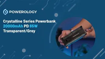 Powerology Crystalline Series Power Bank 20000mAh, PD 65W, Digital Display, Dual USB C, Portable, Transparent Design