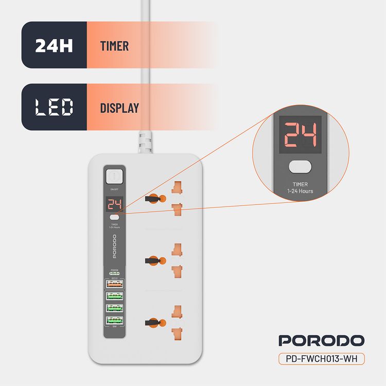 Porodo Multi-Port Power HUB Ultimate Home & Office Kit with 4 USB-A & 1 USB-C, 2m Cable Length, Built-in Safeguard, Over-Heat Protection, LED Display - White