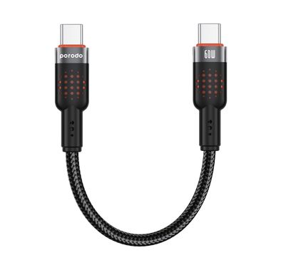 Porodo  Aluminum Alloy 25cm Braided Cable Type-C to C, PD 60W, 480Mbps Transfer Speed, more than 15000 Bends Life Span, Tangle Free - Black