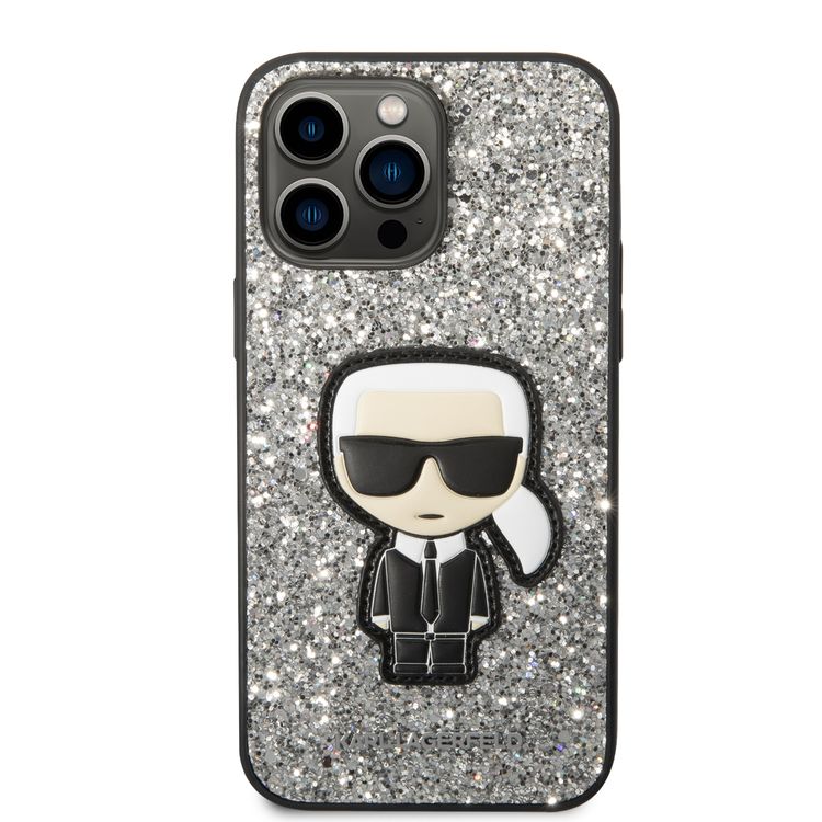 Karl Lagerfeld Glitter Flakes Case with Ikonik Patch Shockproof iPhone 14 Pro Max Compatibility - Silver