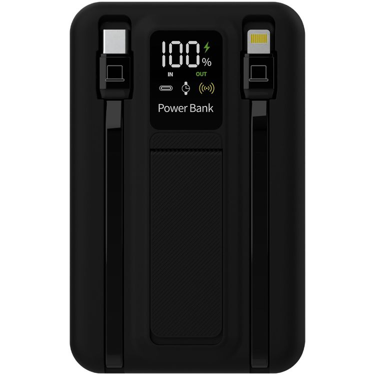 Porodo Magnetic Wireless 10000mAh Power Bank with Built-in USB-C + Lightning Cable Bracket, Simultaneous Charging, Digital Display, PD 22.5W - Black