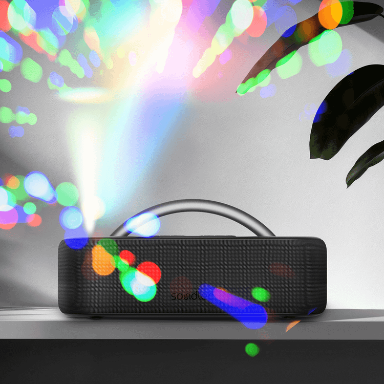 Porodo Soundtec Galactic Star Light Portable Speaker with Powerful Bass, Hands-Free Calls, Multi-Function Buttons, Karaoke, Zoom Life APP, USB Playback, 4400mAh Battery Capacity - Black