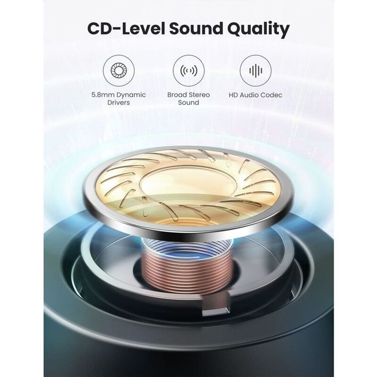 UGreen Hitune T1 True Wireless Earbuds, Twin & Mono Mode, Touch Control, HiFi Sound, 10 m Bluetooth Range, 1.5 Hours Battery Charging Time, Sound Isolation - Black