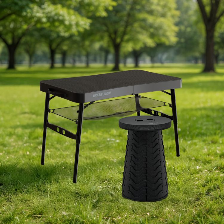 طاولة ونش سياحية قابلة للطي من جرين ليون وكرسي مع ارتفاع قابل للتعديل، سعة تحمل للكرسي 180 كجم، قاعدة غير قابلة للانزلاق، قفل معزز، تصميم قابل للطي، مقبض للحمل، سعة تحمل للطاولة 25 كجم، تخزين شبكي، كرسي قابل للتعديل تلسكوبياً - أسود