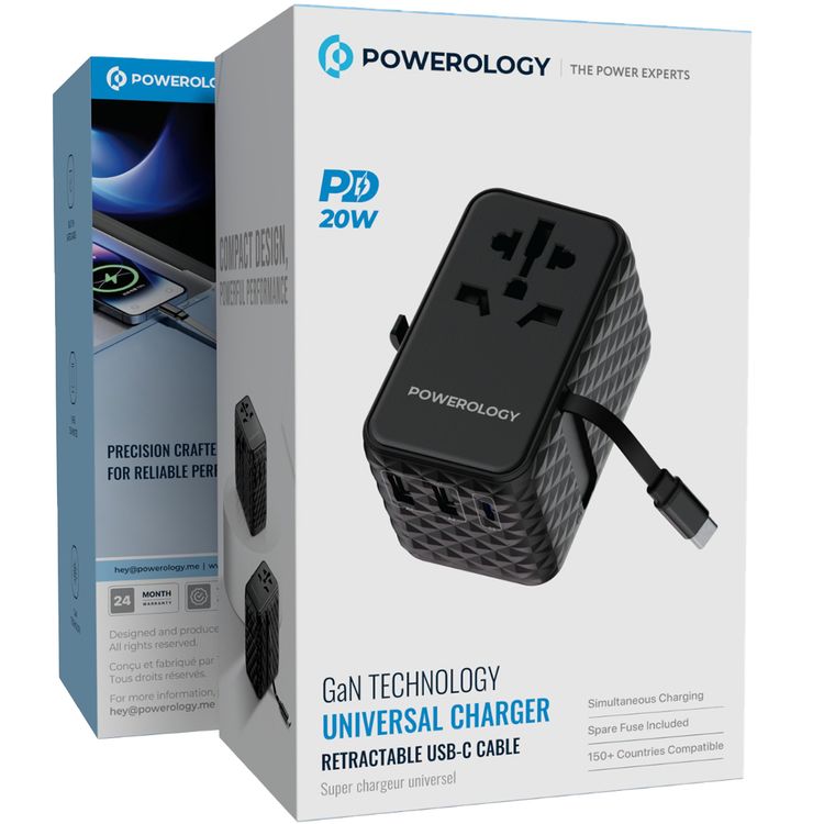 Powerology GaN 20W PD Universal Adapter with Retractable Type-C Cable, Simultaneous Charging, Includes Spare Fuse, Built-In Safeguard - Black