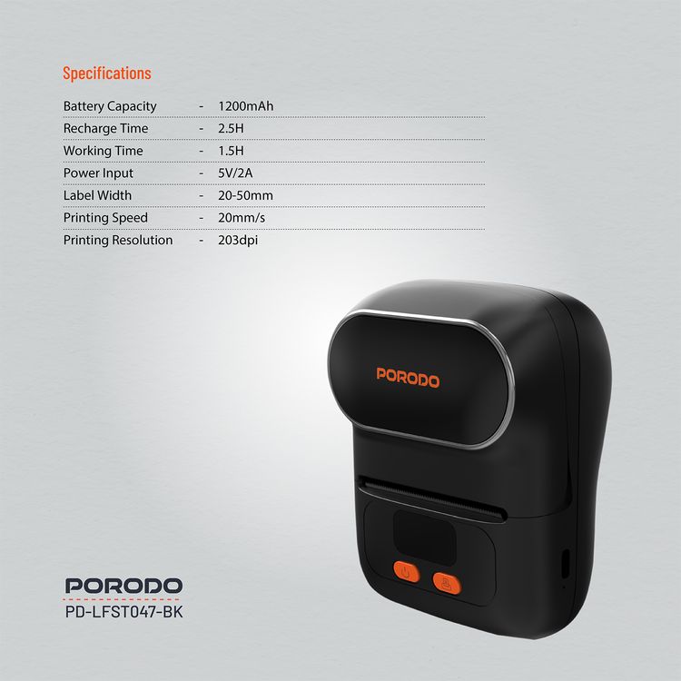 Porodo Super HD Thermal Printer with Bluetooth, 1200mAh Battery Capacity, 2.5 Hours Recharge Time, 1.5 Hours Working Time, 20-50mm Label Width, Super HD - Black