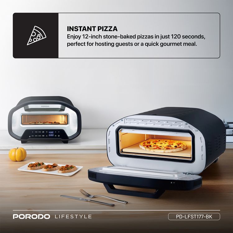 Porodo 12" Indoor Electric Pizza Maker with 7 Preset Programs, 80-430°C Temperature Control, 2200W Rated Power, Up to 60 Minutes Timer, Digital Display, Interior Lighting - Black