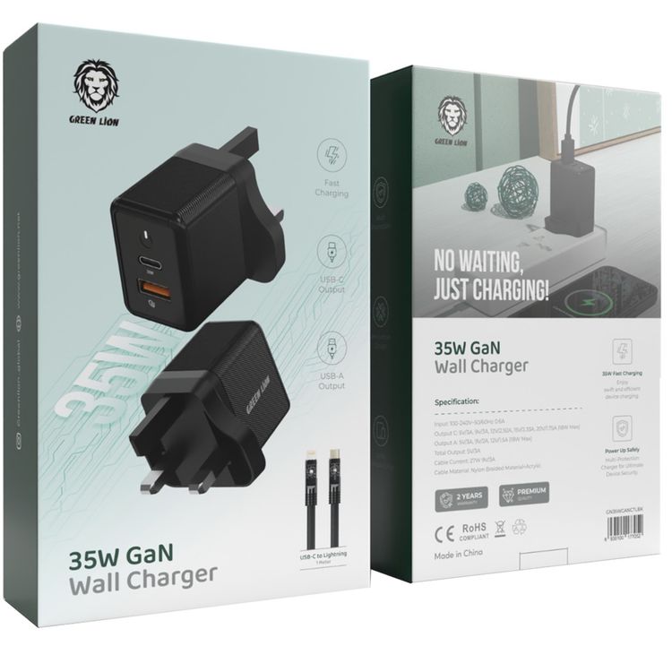 Green Lion 35W GaN Wall Charger with Type-C to Lightning Cable, 27W Cable Current, Wide Compatibility, Multi-Protection, Fast Charging, 18W USB-A Output - Black