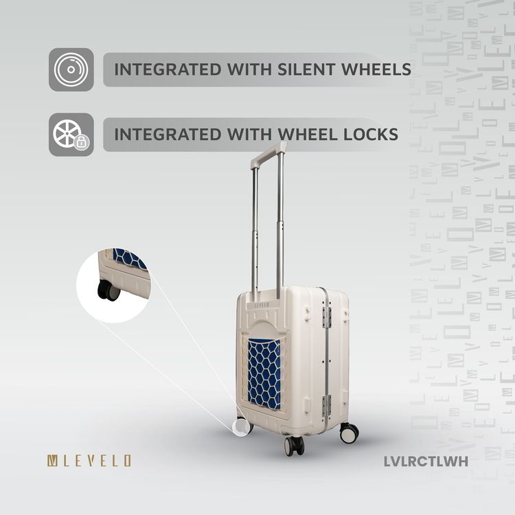 Levelo RoamCruiser 20" Travel Luggage with Detachable Kid Holder, Impact Resistance, PC & Aluminum Material, 50kg Weight Capacity, Silent Wheels, Hypoallergenic Interior, 2 Fusion Telescopic Handles, Integrated Wheel Locks, Built-in Document Holder - White