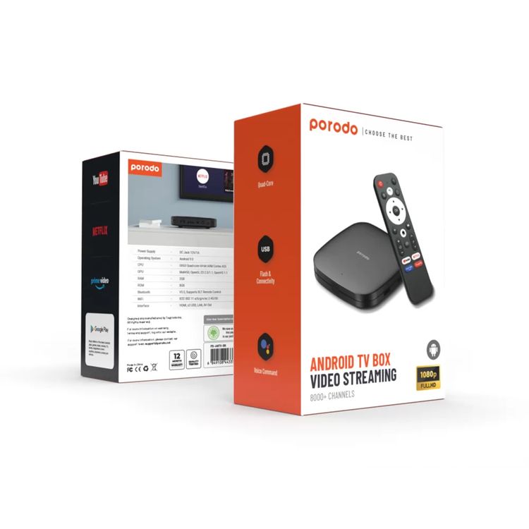 Porodo Android TV Box, Video Streaming, 2GB RAM, 8GB ROM, Voice Command, Quad-Core, 4K Ultra HD, Android 9.0, Unlimited Streaming - Black