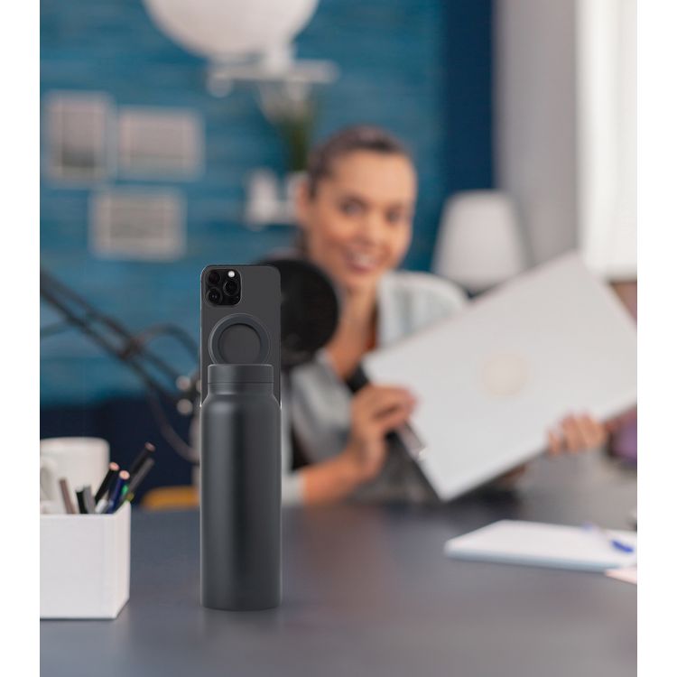Porodo Magnetic Mount Water Bottle with Strong Magnetic Hold, Stainless Steel Material, Double-Wall Insulation, Versatile and Portable, Strong Magnetic Hold, Works with MagSafe, Wide Round Mouth - Black 
