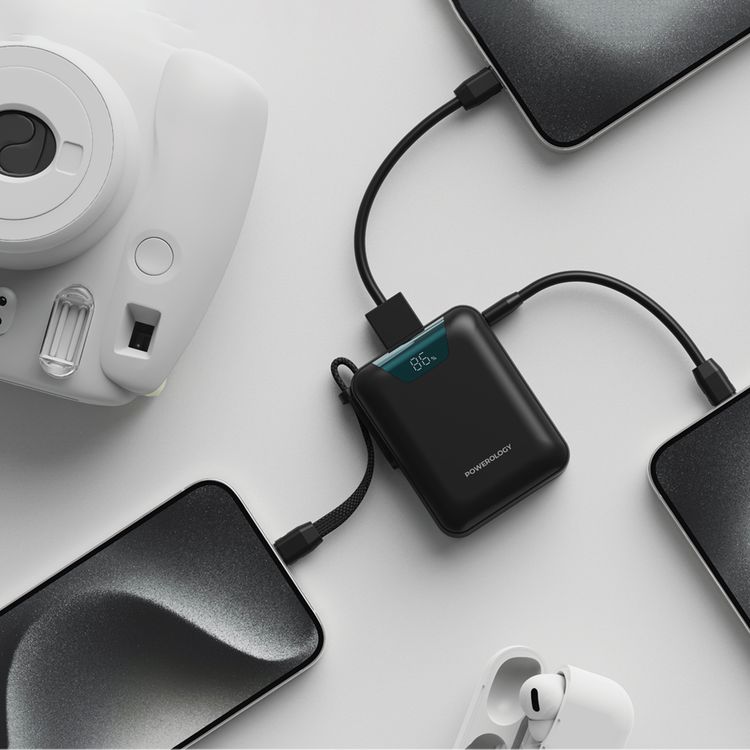 Powerology York 10000mAh Power Bank with PD 18W, QC 22.5W, Integrated Type-C Cable, USB-A & USB-C Ports, Fast Charge Support, Simultaneous Charging, Digital Battery Display - Black