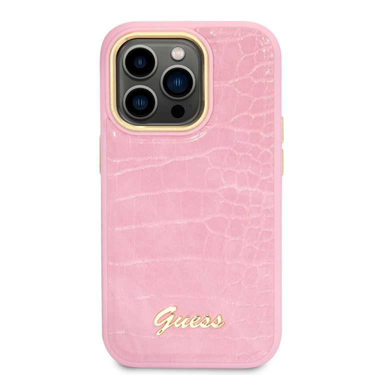 Guess PU Croco Case with Metal Camera Outline, Latest Design iPhone 14 Pro Compatibility - Pink