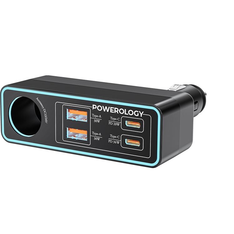 Powerology Brio Multi-Port Car Charger with PD 40W, QC 30W, ×2 USB-A & ×2 USB-C Ports, 125W  Total Output, LED Ambient Lights, Simultaneous Charging - Black