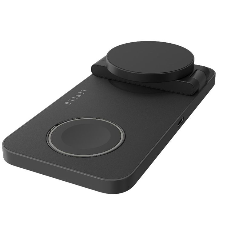 Levelo Quantum 3-in-1 Wireless Charger with 15W Phone Output, 5W AirPods Output, 3W iWatch Output, Strong N52 Magnet, LED Indicator, Compatible with MagSafe, Over Temperature Protection, Simultaneous Charging, Over Voltage Protection, Fast Charging, Foldable Design - Black