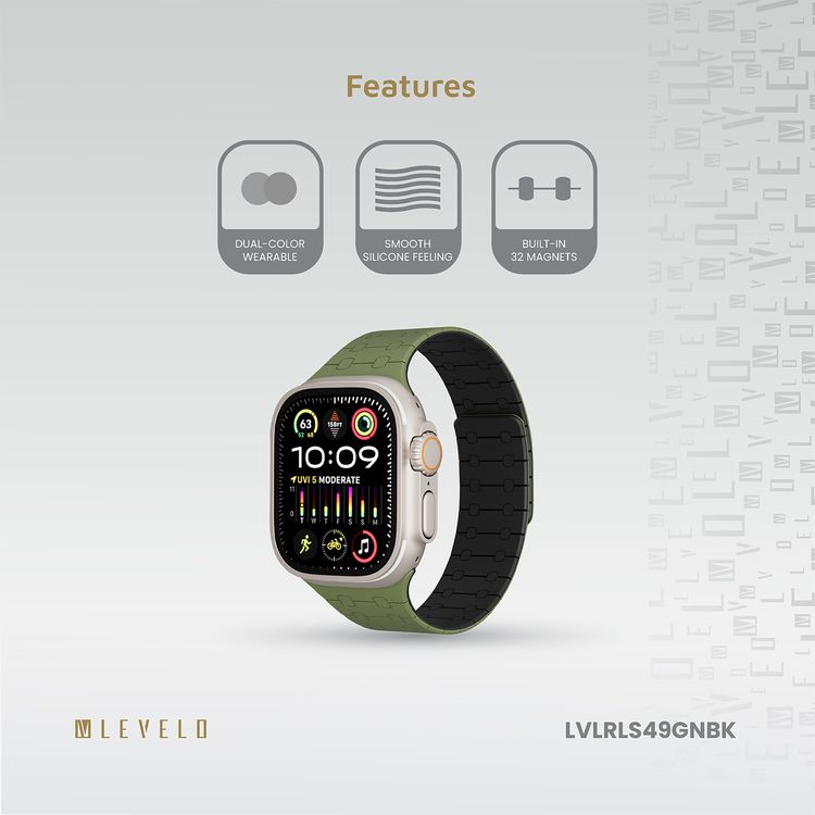 سوار سيليكون Levelo Royallink مزدوج اللون لساعة Apple مقاس 49/46 ملم، مصنوع من مادة مضادة للحساسية، يحتوي على 32 مغناطيس مدمج، مقاوم للماء والعرق، نظام تثبيت مغناطيسي قوي، سهل التركيب - أخضر / أسود.