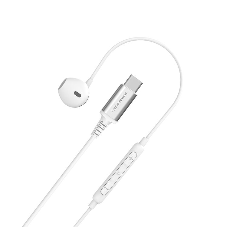 Powerology Type-C Mono Earphone with 5mW Max Power, 1.2m Cable Length, 32Ω Impedance, 14.2mm Driver Size, 110dB Sensitivity, Control Button, HD Sound Clarity - White