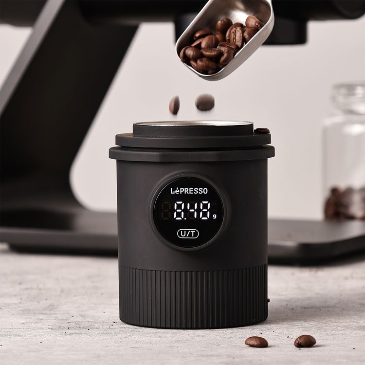 LePresso Smart Dosing Cup for 58mm Portafilter, 850mAh Battery Capacity, 500g Capacity, Multi-Unit Measurement, Intelligent Sensor Scale, Stainless Steel Cup - Black