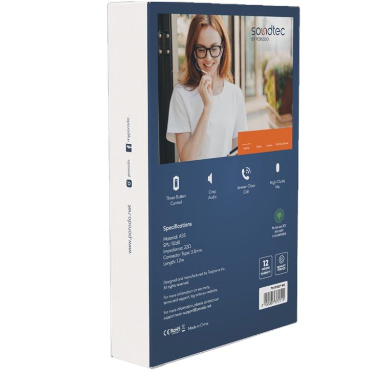 Porodo Soundtec Stereo Earphones with a 3.5mm AUX Connection, High-Clarity Microphone, 3-Button Controls, Answer & End Call - White