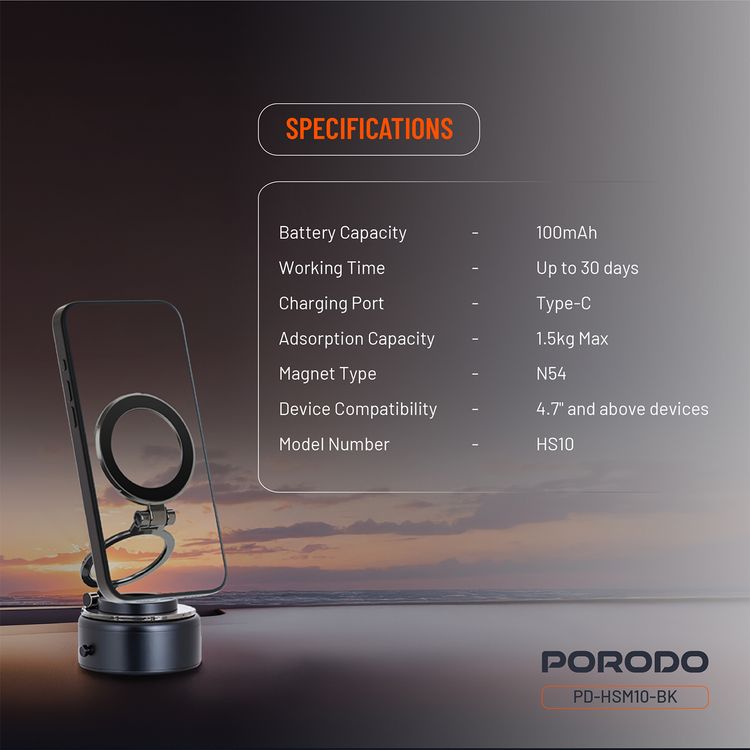Porodo Vacuseal MagSafe Magnetic Mount with Adjustable Viewing Angle, Horizontal & Vertical Modes, One-Hand Operation, Up to 30 Days Working Time - Black