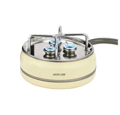 Green Lion Orbit Flame 3-Burner Stove, Butane Gas, Ignition Switch, Flame Control, 4000W Heating Power, Up to 15kg Load Capacity, Stainless Steel & Iron Material, 60cm Gas Pipe Length - Beige
