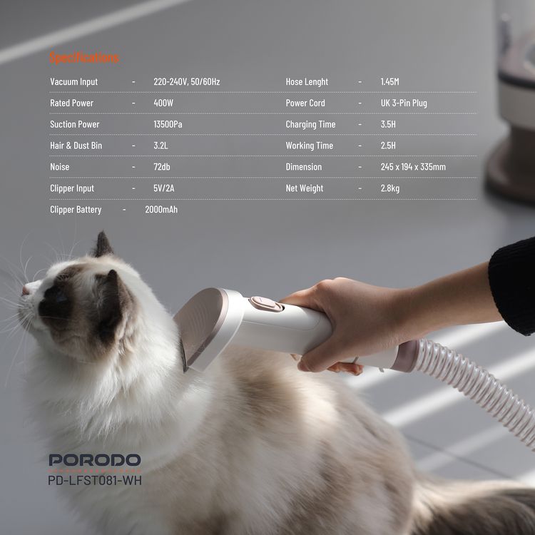 Porodo Lifestyle Pet Grooming Kit Trimmer & Vacuum, 2000mAh Battery Capacity, 13500Pa Suction Power,  3.2L Hair & Dust Bin, 1.5m Hose Length - White