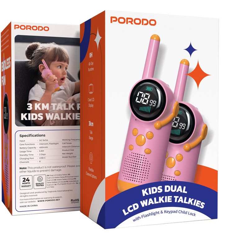Porodo Kids Dual LCD Walkie Talkies with Flashlight & Keypad Child Lock, Flexible Channel Options, 400mAh Battery Capacity, Up to 8 Hours Working Time, 2 Days Standby Time - Pink 
