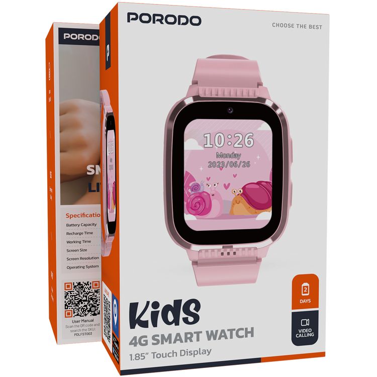  ساعة ذكية Junicare نظام تحديد المواقع للأطفال من بورودو 4G مقاس 1.85 بوصة مع شاشة تعمل باللمس، 36 ساعة عمل، 3 ساعات شحن، مكالمات فيديو - وردي