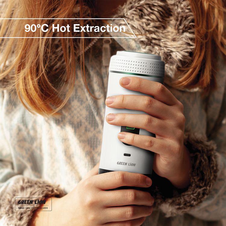 صانع القهوة جرين ليون CAFFEX بقدرة 72 واط، خزان ماء بسعة 80 مل، استخلاص ساخن بدرجة حرارة 90°C، استخلاص سريع في 70 ثانية، شحن من نوع Type-C، سعة بطارية 7500 مللي أمبير - اللون أبيض