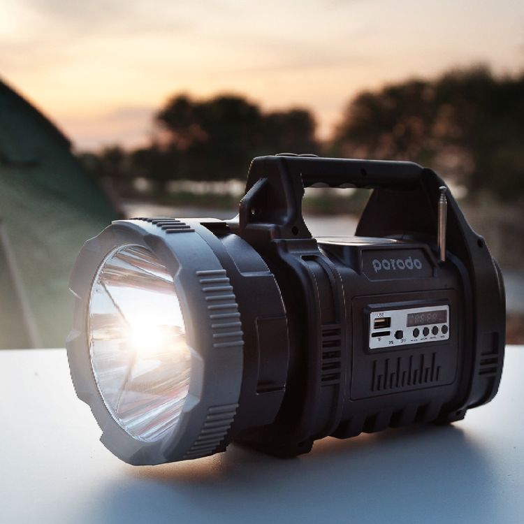 Porodo LifeStyle Outdoor 3-in-1 Adventure Flashlight and Speaker with FM Radio and Bluetooth Speaker, 10W LED, 5W COB, 1000+300 Lumens Brightness,  8000mAh Li-Ion Battery - Black