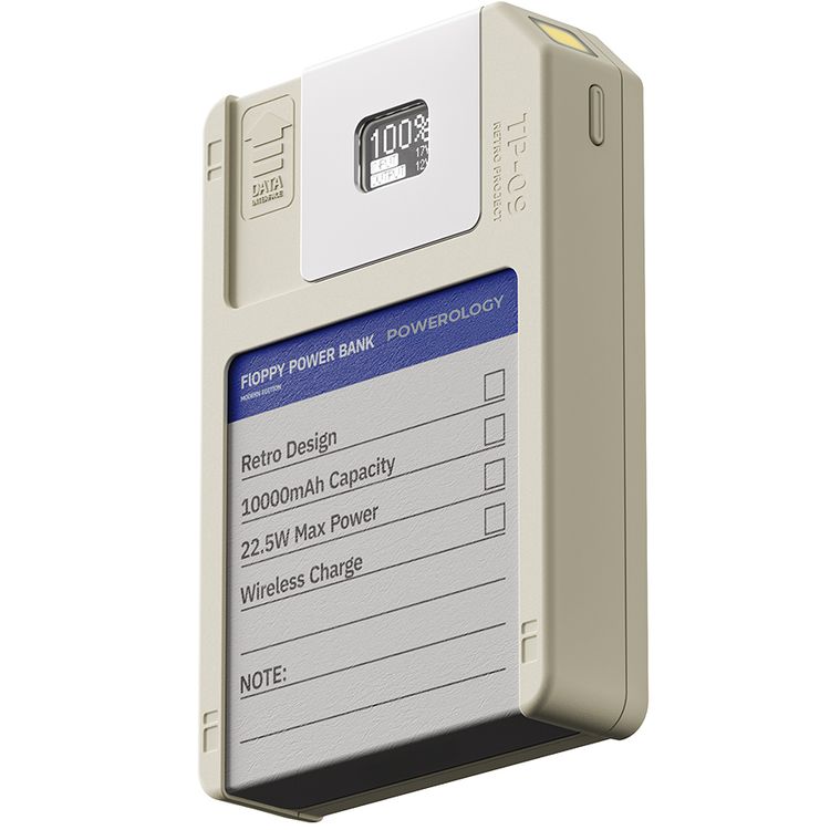 Powerology Floppydisk Retro 10000mAh MagSafe Powerbank with OLED Display Screen, Multi-Protocol Fast Charging, Universal Compatibility, 64GB Storage Capacity, High-Speed Data Storage, Fire-Resistant PC Material - White