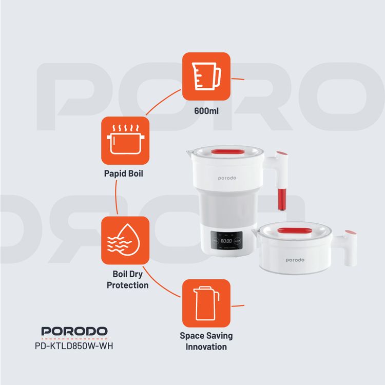 Porodo Lifestyle Portable Folding Electric Kettle Temperature Setting, 600ml  Water Capacity, Digital Display, High-Grade Silicone - White