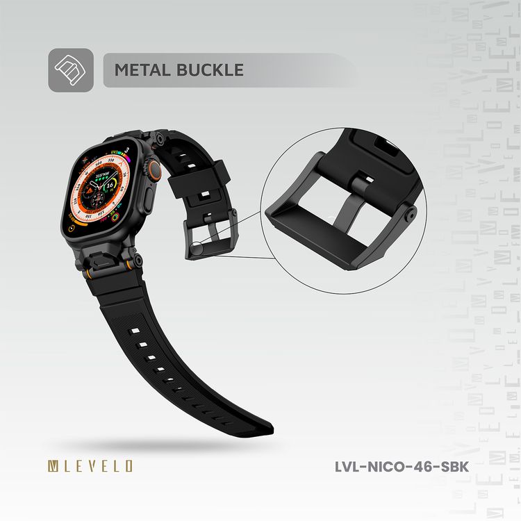 Levelo Nico Watch Strap for Apple Watch 49/46mm with Metal Buckle Closure, Compatible with SE Series 9, 8, 7, 6, 5, Silicone & Stainless Steel Finish, Lightweight & Flexible Fit, Sweat-Resistant & Water-Resistant, Hypoallergenic Material, Extended Band Interaction - Stealth Black