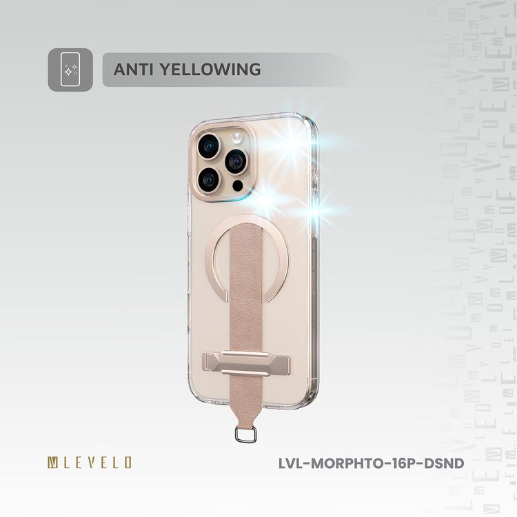 Levelo Morphix Trio Case for iPhone 16 Pro with Built-in Kickstand, Metal Camera Edge, MagSafe Compatible, Impact-Resistant Corners, Grip Strap & Metal Hook, Anti Yellowing - Desert Sand