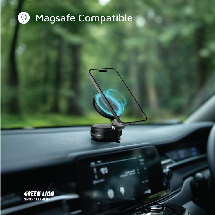 Green Lion GX-41 Suction Phone Holder with 1kg Adsorption Force, Magsafe Compatible, Swivel Lock Base, Wide Compatibility, Aluminum Alloy Arm, Foldable & Adjustable - Black 