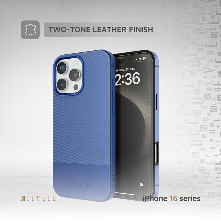Levelo Cuir Two Tone Leather Case For iPhone 16 Pro, Durable, Compact Design, MagSafe Compatible, Hybrid Case, Impact-Resistant Corners , Aluminum Bumper Finish, High Quality Material - Blue