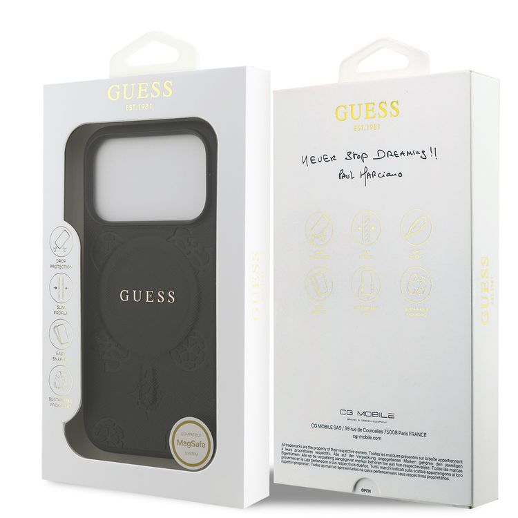 Guess MagSafe PU Leather Case with Classic Logo & Peony Hot Stamp Design for iPhone 17 Pro Max, Slim Profile, Easy Snap-On, Sustainable Packaging, Comfortable Grip, Drop Protection - Black