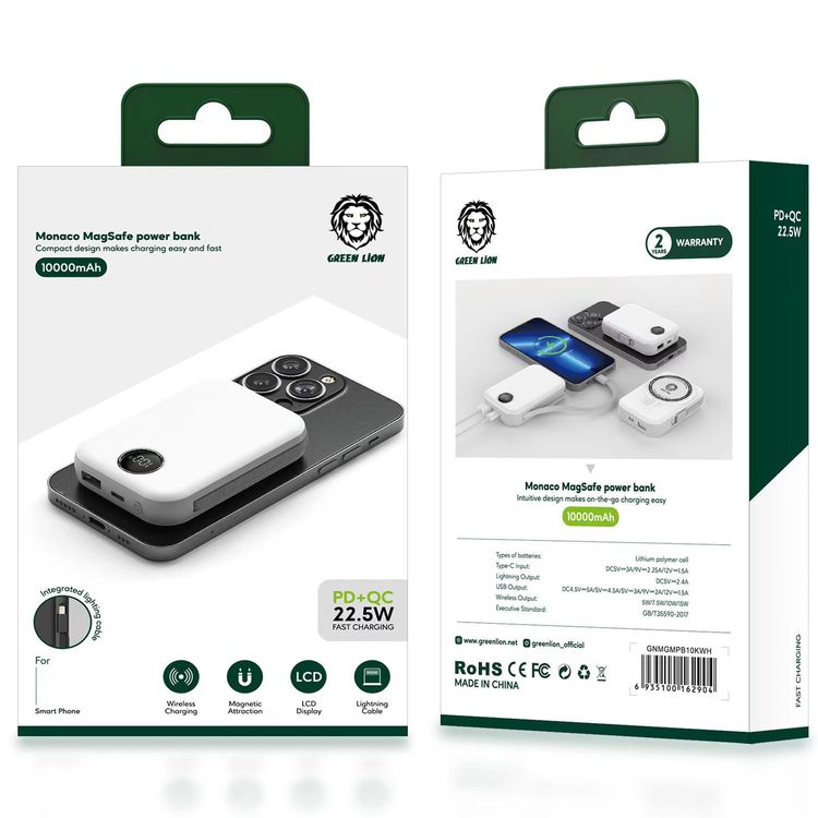 Green Lion Monaco MagSafe 10000mAh Power Bank with Built-in Lightning Cable, Wireless Charging Compatibility, 22.5W PD & QC Output, 15W Wireless Output, LCD Display - White