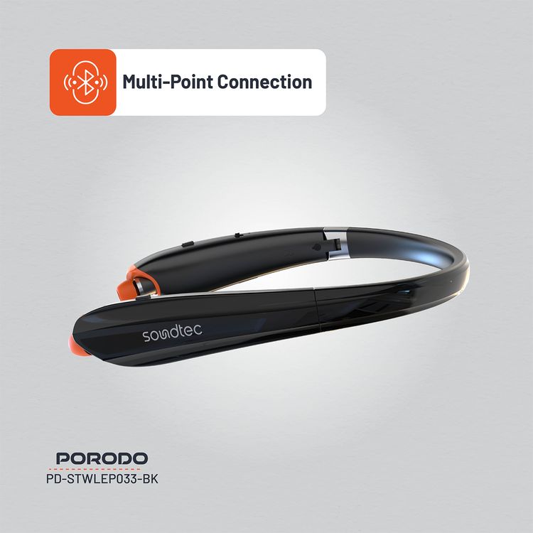 Porodo Soundtec Echo Flex Retractable ENC Neckband with Folding Design, Crystal Clear Audio, High Clarity Mic, Bluetooth V5.2, Multi Point Connection - Black 